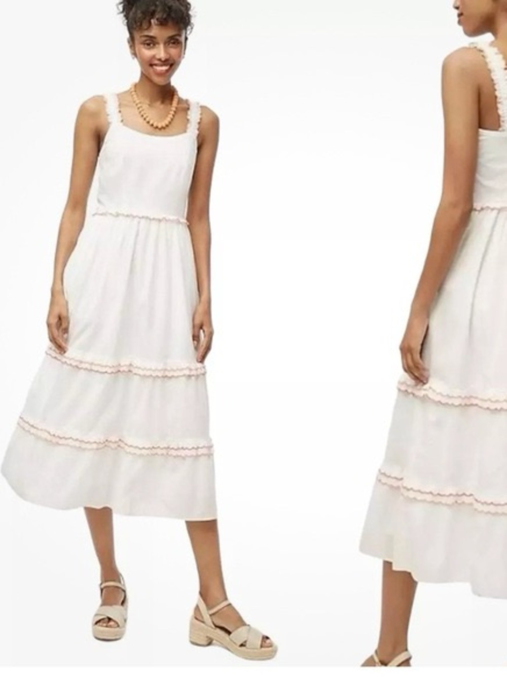 J. Crew White Midi Tiered Dress with Pink Trim NWOT - 100% Cotton